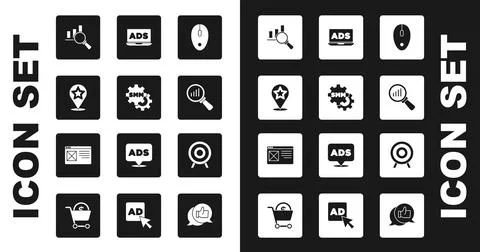 Set Computer mouse, Social media marketing, Map pointer with star, Magnifying Stock Illustration