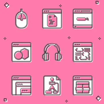 Set Computer mouse, Software, Search engine, Headphones, and Flowchart icon Stock Illustration