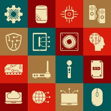 Set Computer mouse, SSD card, Human brain as digital circuit board, Processor 스톡 일러스트