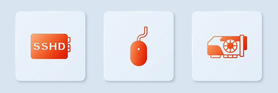 Set Computer mouse, SSHD card and Video graphic. White square button. Vector イラスト素材