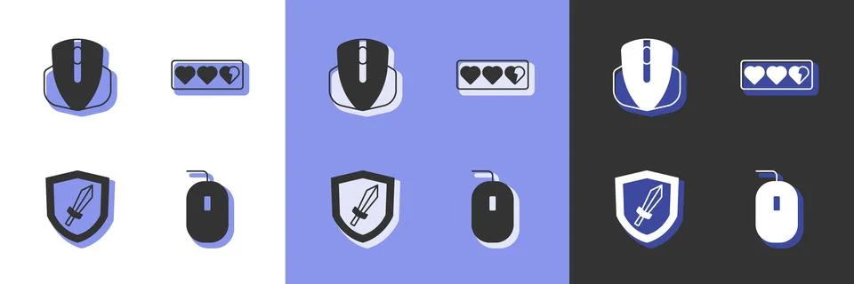 Set Computer mouse, Sword for game and Game life bar icon. Vector Ilustração Stock