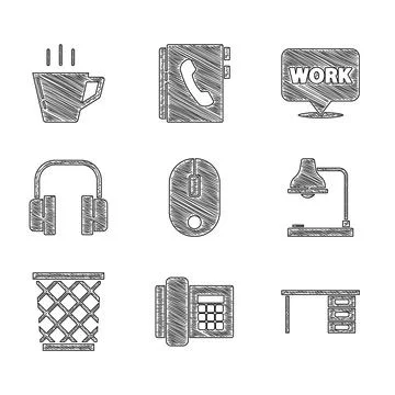 Set Computer mouse, Telephone, Office desk, Table lamp, Trash can, Headphones Stock-Illustration