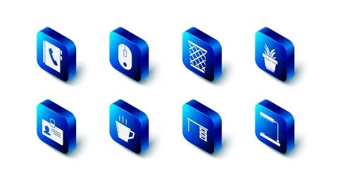 Set Computer mouse, Trash can, Plant in pot, Table lamp, Office desk, Coffee cup 스톡 일러스트