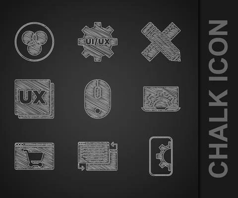 Set Computer mouse, UI or UX design, Web development, Online shopping on screen Illustrazione stock