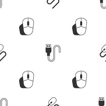 Set Computer mouse, USB cable cord and on seamless pattern. Vector Stock Illustration