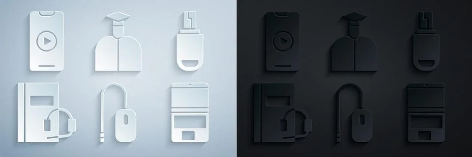 Set Computer mouse, USB flash drive, Audio book, Laptop, Student and Online play Illustrazione stock