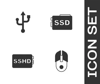 Set Computer mouse, USB, SSHD card and SSD icon. Vector Illustrazione stock
