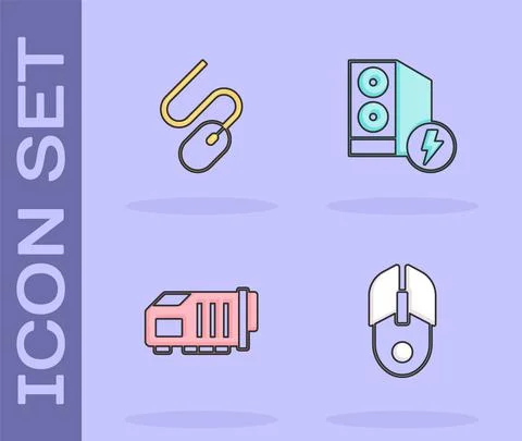 Set Computer mouse, , Video graphic card and Case of computer icon. Vector Stock Illustration