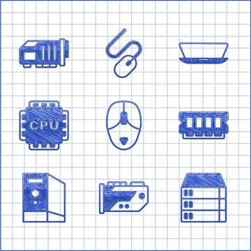 Set Computer mouse, Video graphic card, Server, Data, Web Hosting, RAM, random 스톡 일러스트