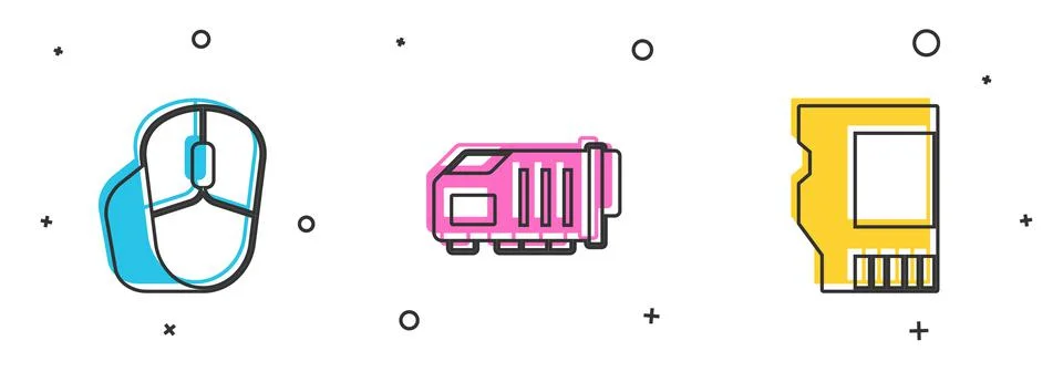 Set Computer mouse, Video graphic card and SD icon. Vector Illustrazione stock