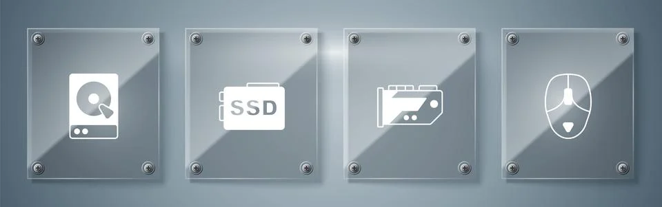 Set Computer mouse, Video graphic card, SSD and Hard disk drive HDD. Square Illustrazione stock