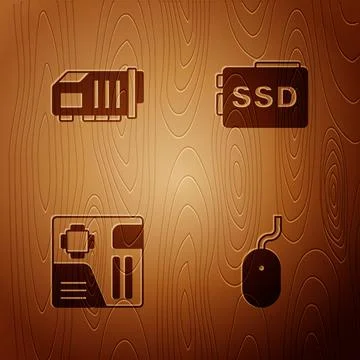Set Computer mouse, Video graphic card, Motherboard digital chip and SSD on Illustrazione stock