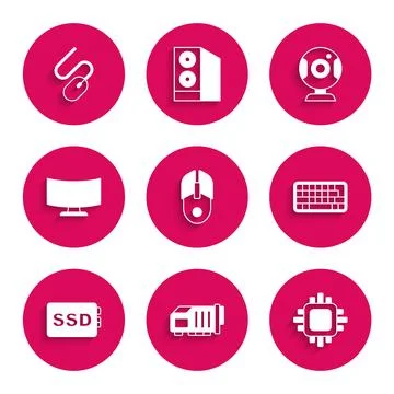 Set Computer mouse, Video graphic card, Processor with CPU, Keyboard, SSD, .. 스톡 일러스트