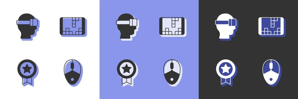 Set Computer mouse, Virtual reality glasses, Game rating with medal and Portable Illustrazione stock