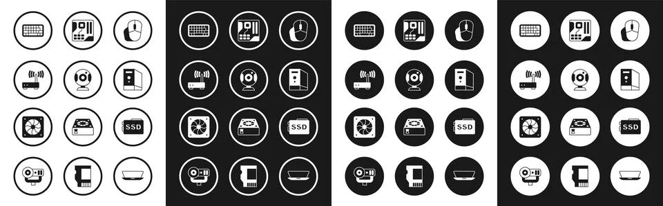 Set Computer mouse, Web camera, Router and wi-fi signal, Keyboard, Case of Stock Illustration
