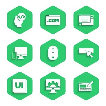 Set Computer mouse, Web development, UI or UX design, Monitor and mobile, and Illustrazione stock
