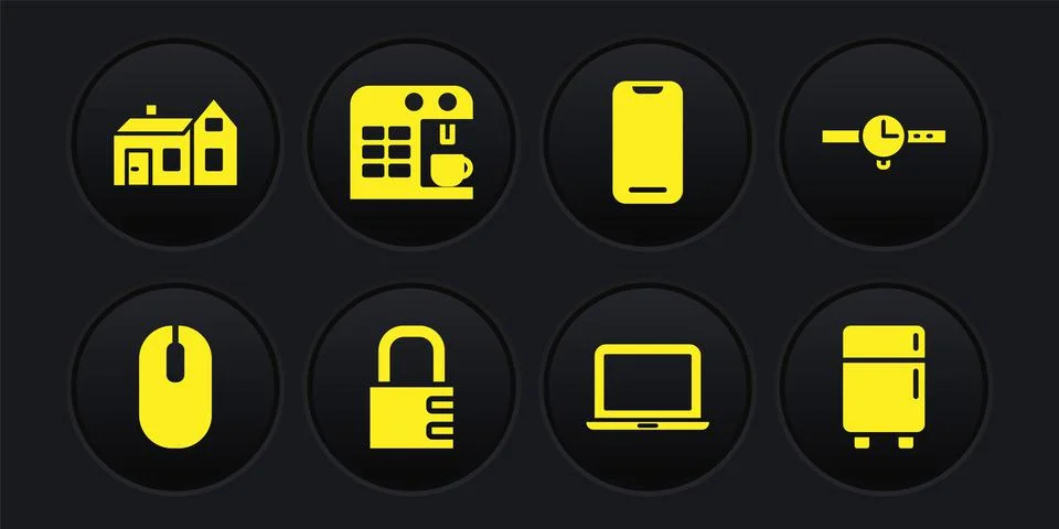 Set Computer mouse, Wrist watch, Safe combination lock, Laptop, Smartphone Stock Illustration