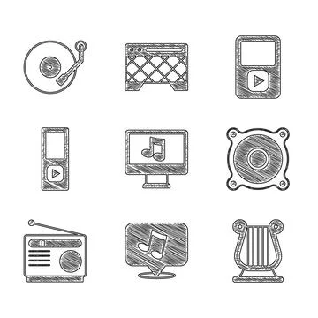 Set Computer with music note, Music note, tone, Ancient Greek lyre, Stereo Stock Illustration