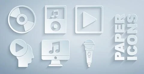 Set Computer with music note, Play in square, Head people play button 스톡 일러스트