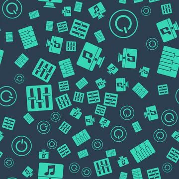 Set Computer with music note, Power button, Sound mixer controller and Music Stock Illustration