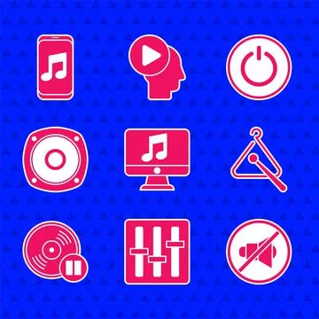 Set Computer with music note, Sound mixer controller, Speaker mute, Triangle Illustrazione stock