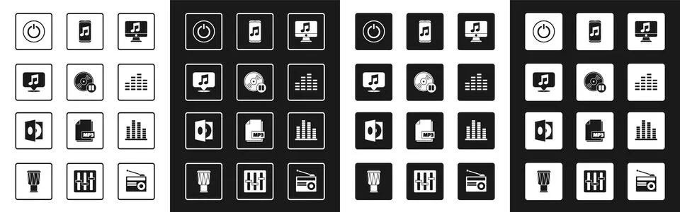 Set Computer with music note, Vinyl disk, Musical speech bubble, Power button Illustrazione stock