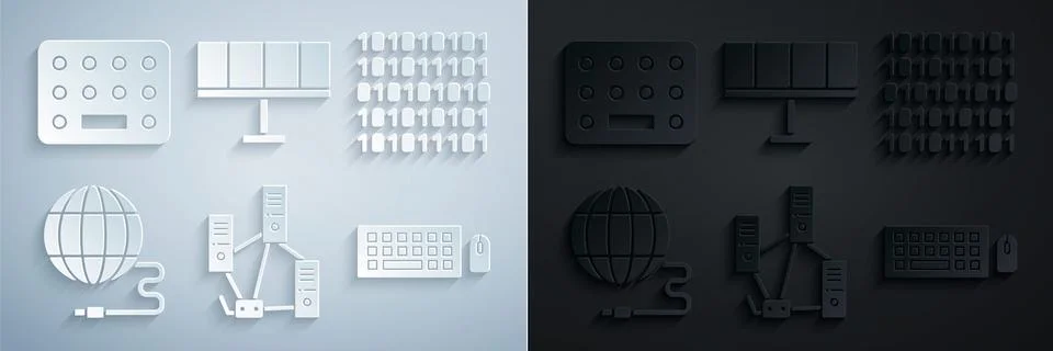 Set Computer network, Binary code, Social, Keyboard and mouse, Solar energy Stock Illustration