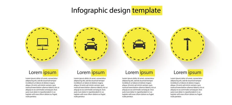 Set Computer network, Car rental, Taxi car and Hammer. Business infographic t Stock Illustration