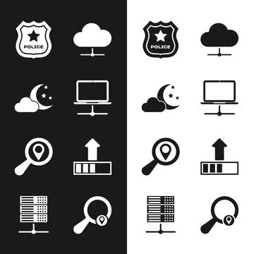 Set Computer network, Cloud with moon and stars, Police badge, Network clou.. Stock Illustration