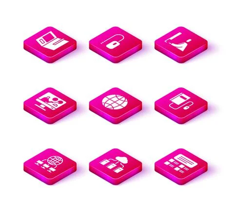 Set Computer network, Cloud online library, Online education, Social, quiz, test Stock Illustration