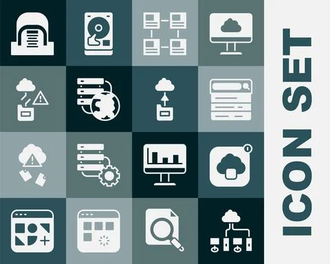 Set Computer network, Cloud technology data transfer, Search engine, Hierarchy Stock Illustration