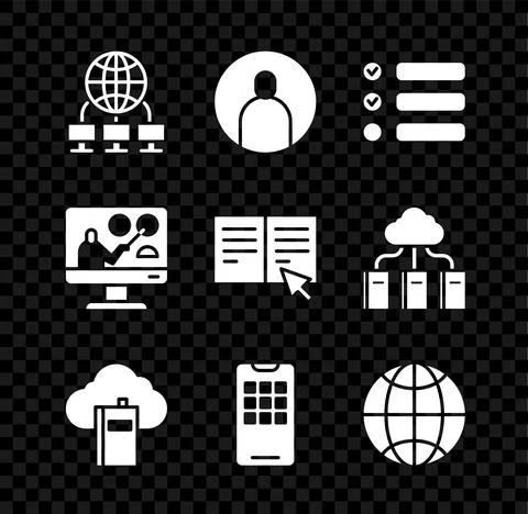 Set Computer network, Create account screen, Task list, Cloud online library 스톡 일러스트