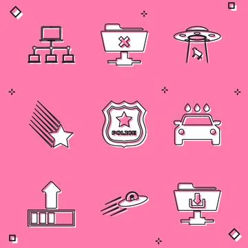 Set Computer network, FTP cancel operation, UFO abducts cow, Falling star Stock Illustration