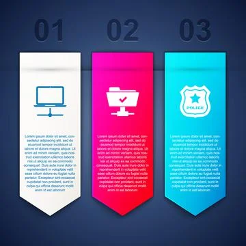 Set Computer network, FTP operation successful and Police badge. Business Stock Illustration