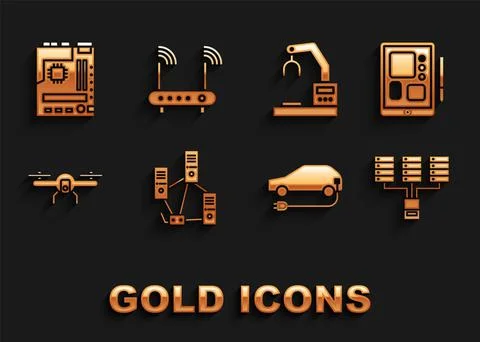 Set Computer network, Graphic tablet, Server, Data, Web Hosting, Electric car Stock Illustration