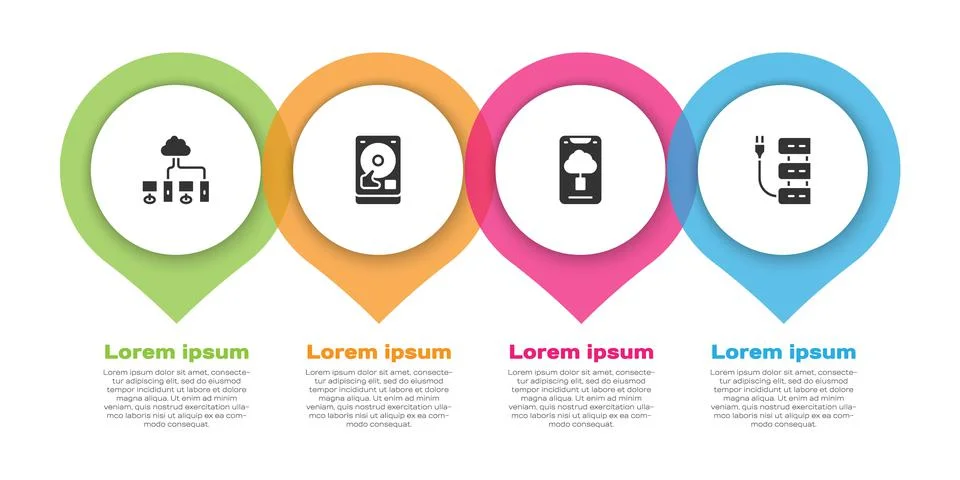 Set Computer network, Hard disk drive HDD, Cloud technology data transfer and Stock Illustration