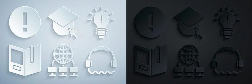 Set Computer network, Light bulb with concept of idea, Open book, Headphones Illustrazione stock