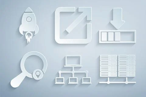 Set Computer network, Loading, Search location, Server, Data, Web Hosting, .. Illustrazione stock