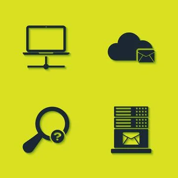 Set Computer network, Mail server, Unknown search and Cloud mail icon. Vector Stock Illustration