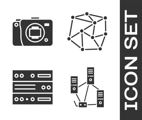 Set Computer network, Mirrorless camera, Server, Data, Web Hosting and Neural Illustrazione stock