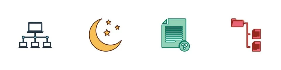 Set Computer network, Moon and stars, Unknown document and Folder tree icon イラスト素材