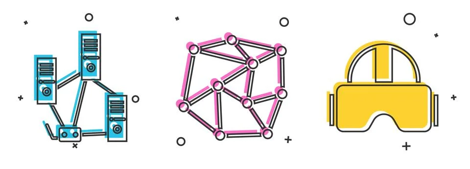 Set Computer network, Neural network and Virtual reality glasses icon. Vector Illustrazione stock