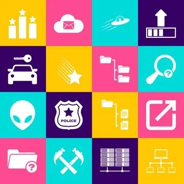 Set Computer network, Open in new window, Unknown search, UFO flying spaces.. Stock Illustration