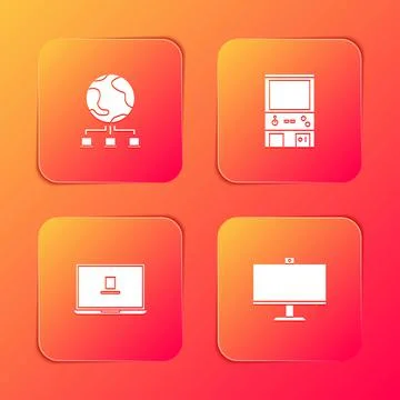 Set Computer network, Retro arcade game machine, Laptop and monitor icon. Vector Stock Illustration