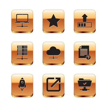 Set Computer network, Rocket ship with fire, Open in new window, Network cloud Stock Illustration