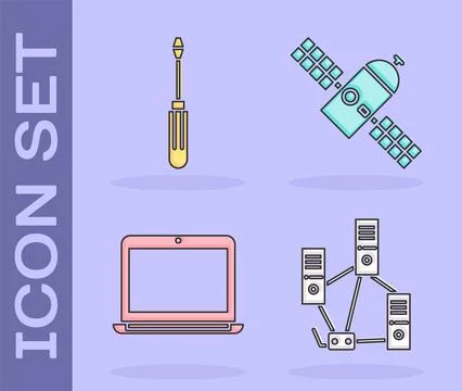 Set Computer network, Screwdriver, Laptop and Satellite icon. Vector Stock Illustration