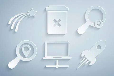 Set Computer network, Search location, , Rocket ship with fire, Trash can and Stock-Illustration