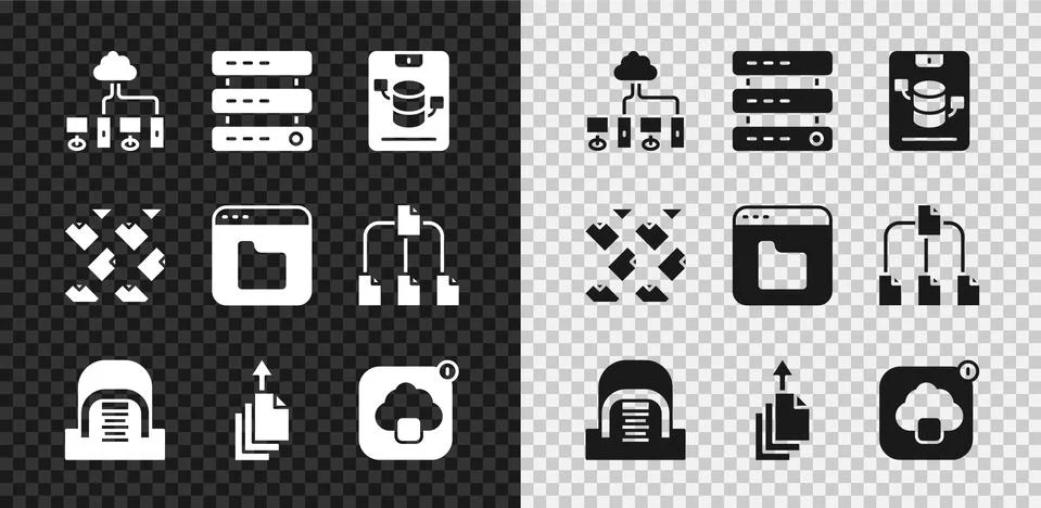 Set Computer network, Server, Data, Web Hosting, Hangar with servers, export Stock Illustration