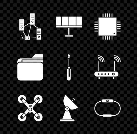 Set Computer network, Solar energy panel, Processor with microcircuits CPU Stock Illustration