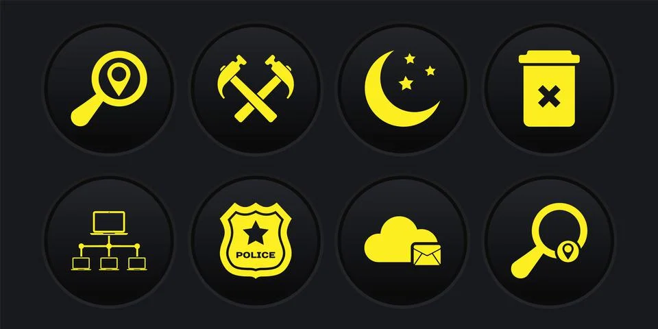 Set Computer network, Trash can, Police badge, Cloud mail server, Moon and stars 스톡 일러스트